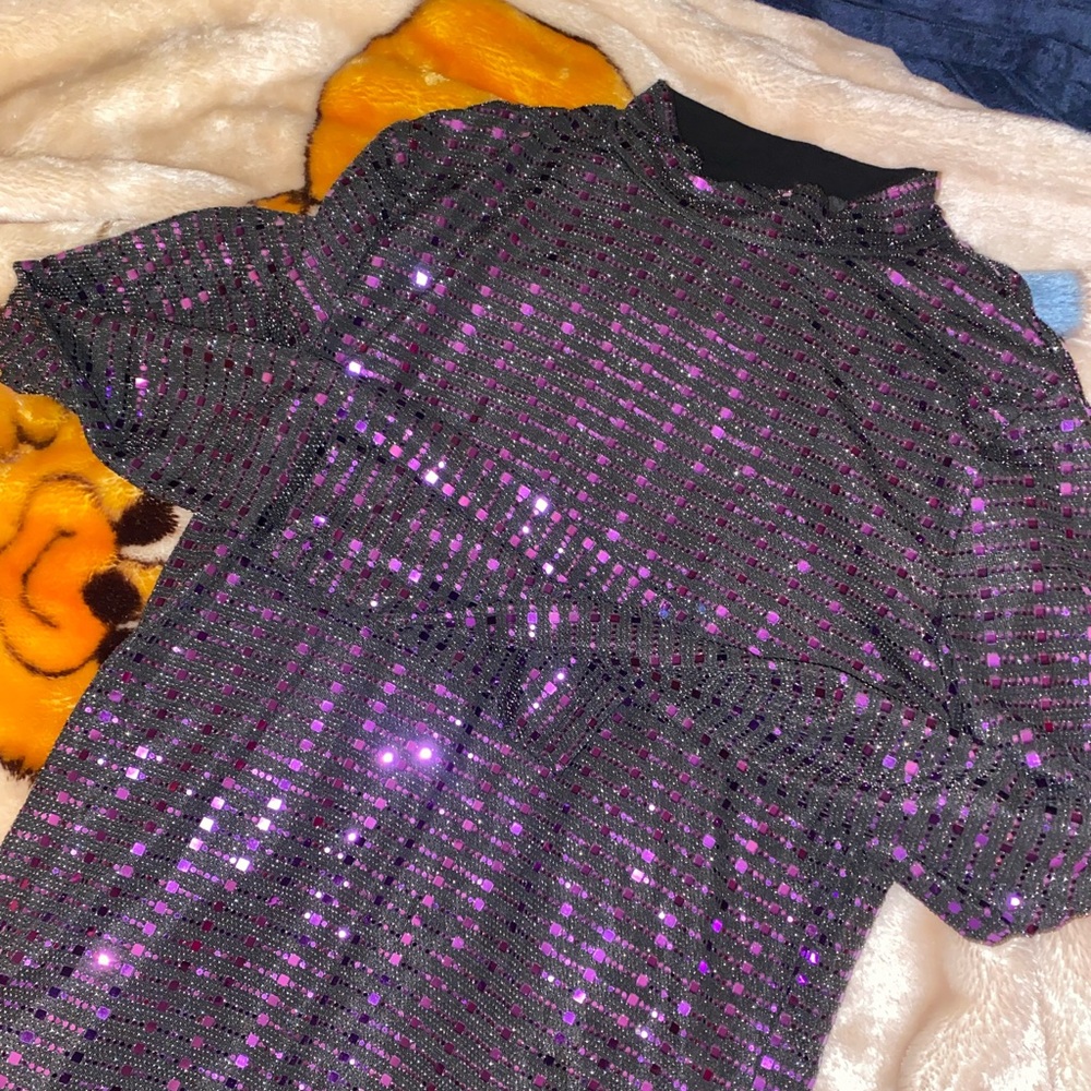 Mock Neck Sheer Metallic Slim Top